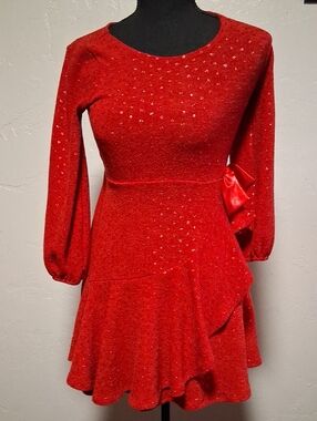 Bonnie Jean Red Long-Sleeve Sparkle A-Line Dress with Side Bow